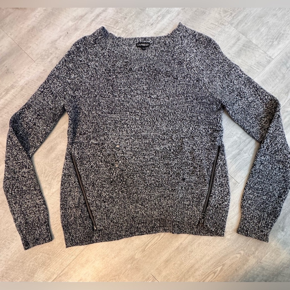 Express Women’s Marled Distressed Crewneck Sweater with Zipper Accents, Small